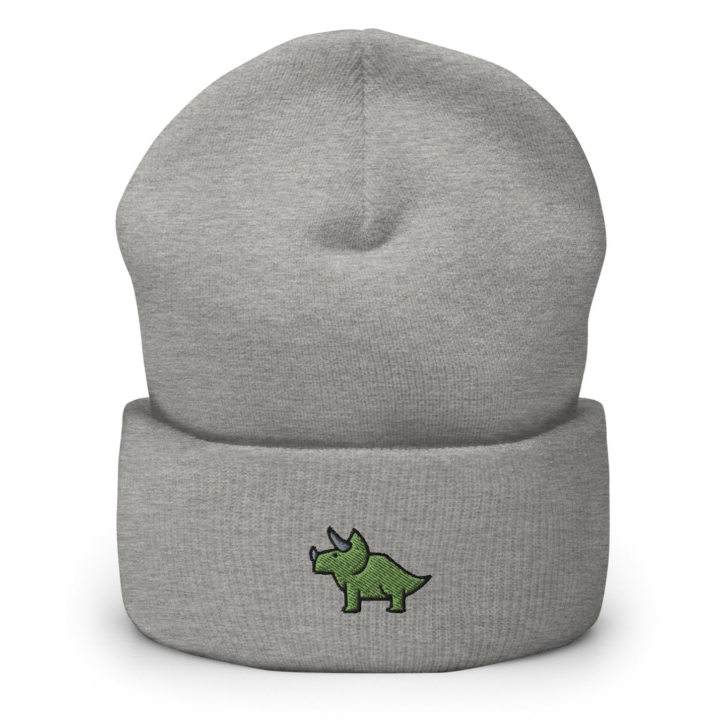 Triceratops Dinosaur Embroidered Beanie, Handmade Cuffed Knit Unisex Slouchy Adult Winter Hat Cap Gift