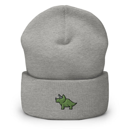 Triceratops Dinosaur Embroidered Beanie, Handmade Cuffed Knit Unisex Slouchy Adult Winter Hat Cap Gift