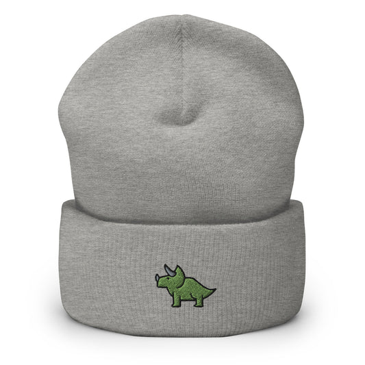 Triceratops Dinosaur Embroidered Beanie, Handmade Cuffed Knit Unisex Slouchy Adult Winter Hat Cap Gift
