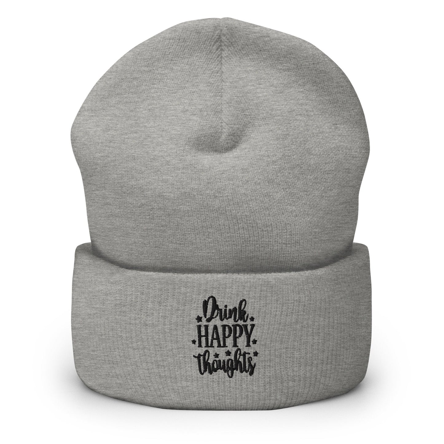 Drink Happy Thoughts Embroidered Beanie, Handmade Cuffed Knit Unisex Slouchy Adult Winter Hat Cap Gift