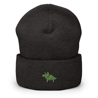 Triceratops Dinosaur Embroidered Beanie, Handmade Cuffed Knit Unisex Slouchy Adult Winter Hat Cap Gift