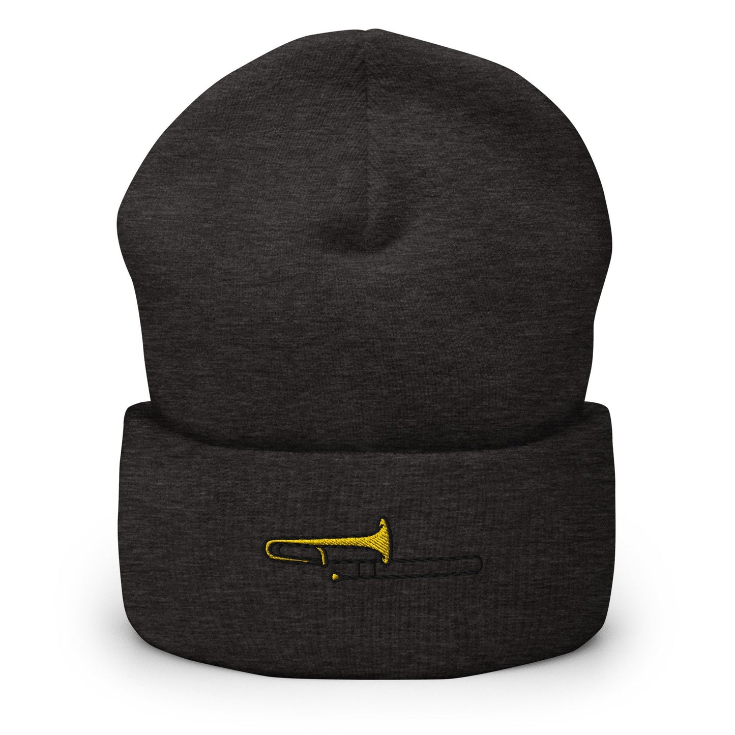 Trombone Player Instrument Embroidered Beanie, Handmade Cuffed Knit Unisex Slouchy Adult Winter Hat Cap Gift