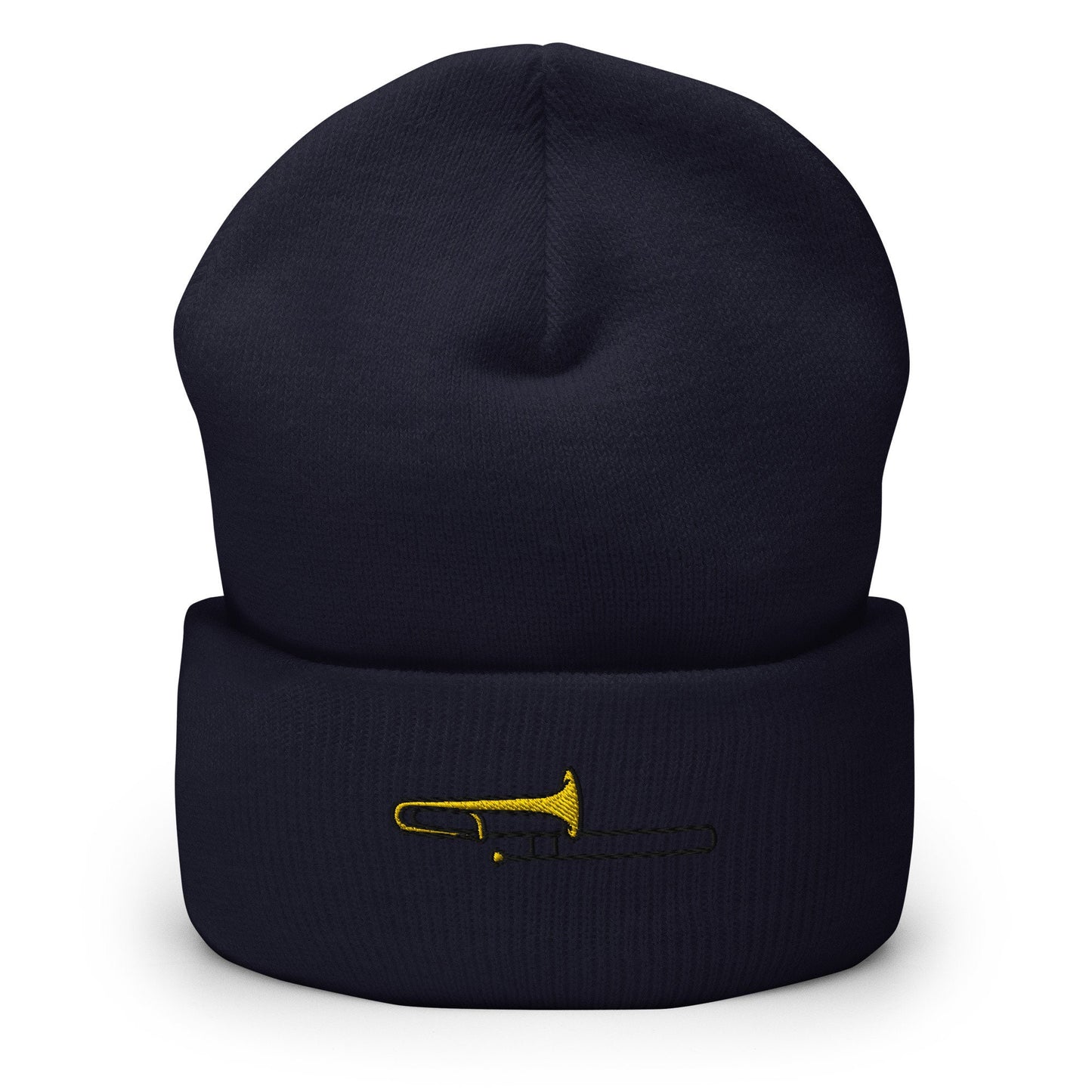 Trombone Player Instrument Embroidered Beanie, Handmade Cuffed Knit Unisex Slouchy Adult Winter Hat Cap Gift