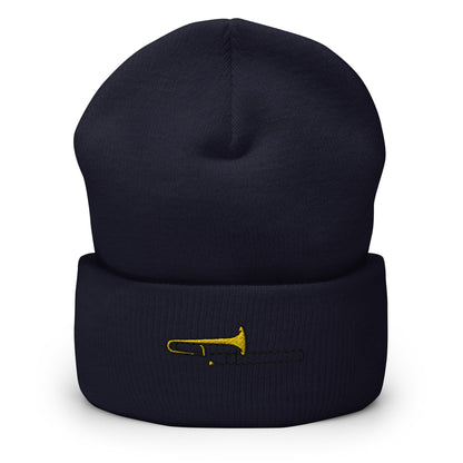 Trombone Player Instrument Embroidered Beanie, Handmade Cuffed Knit Unisex Slouchy Adult Winter Hat Cap Gift