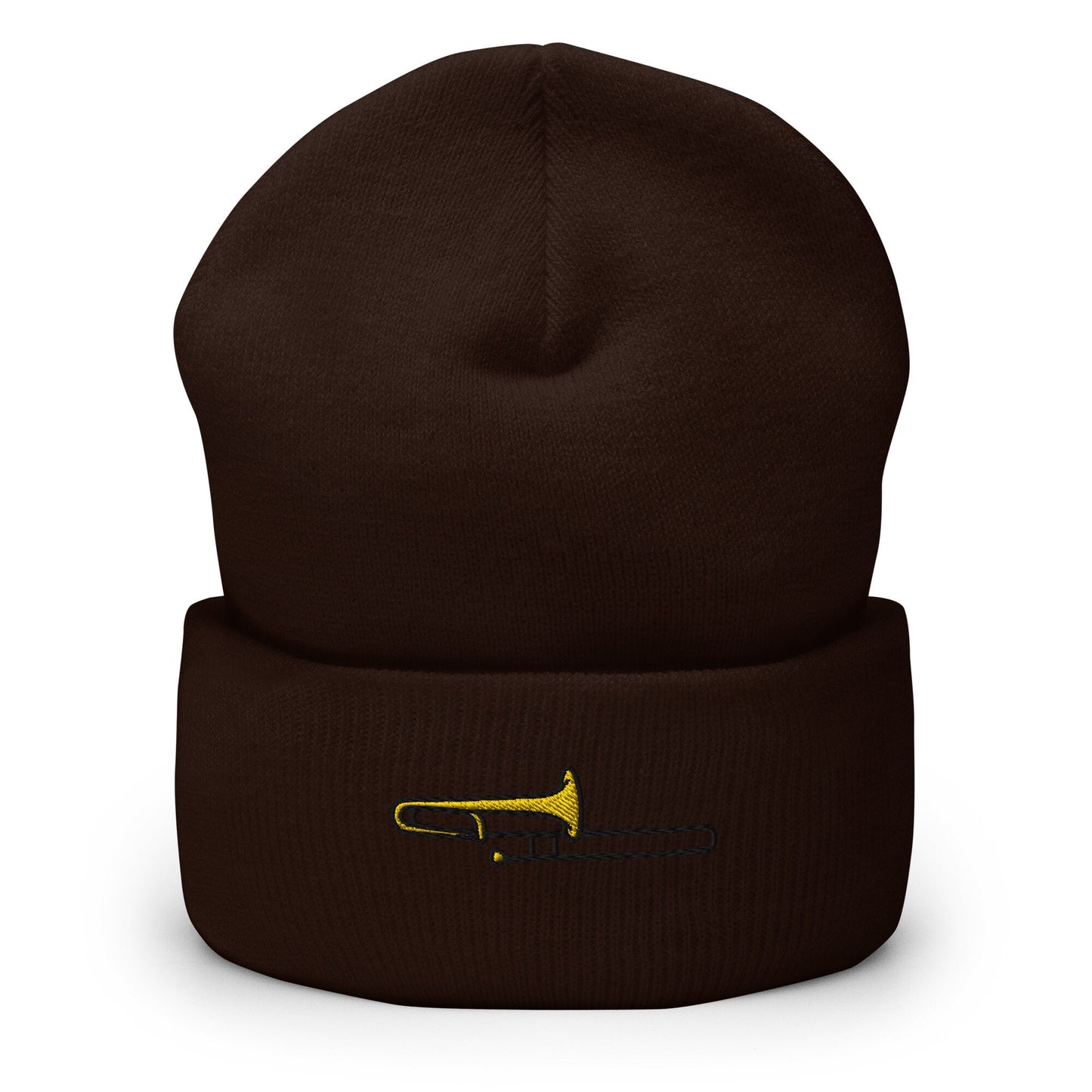 Trombone Player Instrument Embroidered Beanie, Handmade Cuffed Knit Unisex Slouchy Adult Winter Hat Cap Gift