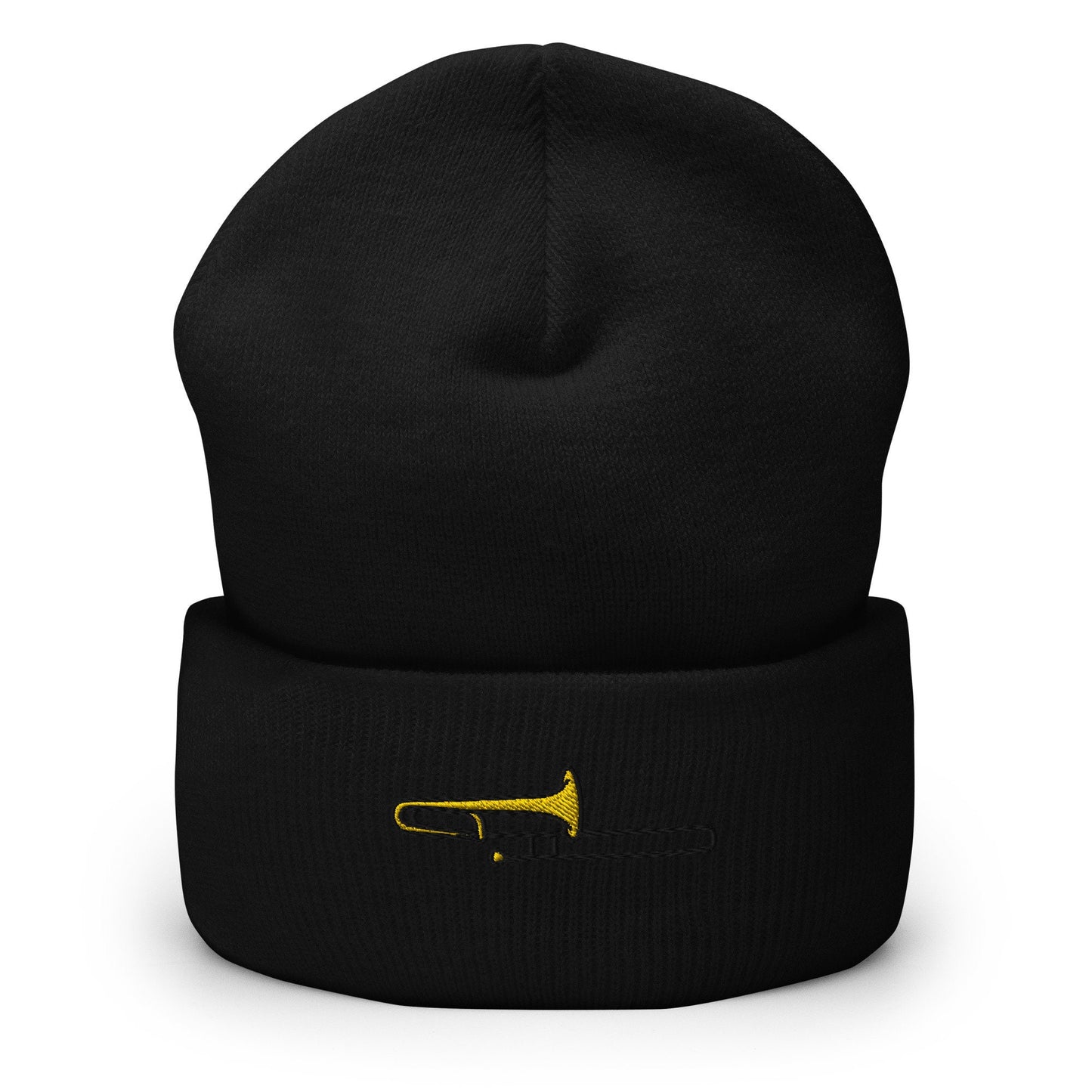 Trombone Player Instrument Embroidered Beanie, Handmade Cuffed Knit Unisex Slouchy Adult Winter Hat Cap Gift