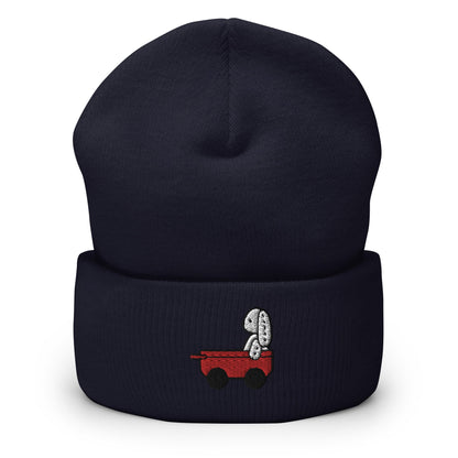 Stuffed Bunny Doll Red Wagon Embroidered Beanie, Handmade Cuffed Knit Unisex Slouchy Adult Winter Hat Cap Gift