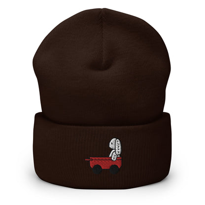 Stuffed Bunny Doll Red Wagon Embroidered Beanie, Handmade Cuffed Knit Unisex Slouchy Adult Winter Hat Cap Gift