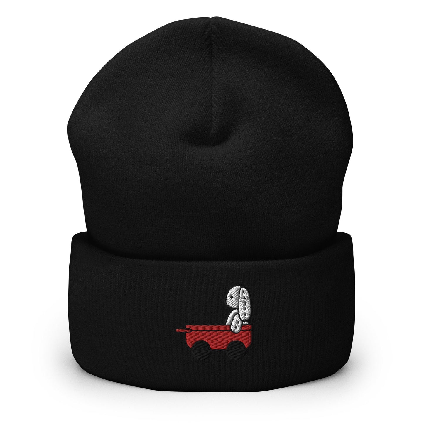 Stuffed Bunny Doll Red Wagon Embroidered Beanie, Handmade Cuffed Knit Unisex Slouchy Adult Winter Hat Cap Gift