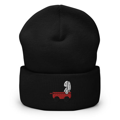 Stuffed Bunny Doll Red Wagon Embroidered Beanie, Handmade Cuffed Knit Unisex Slouchy Adult Winter Hat Cap Gift