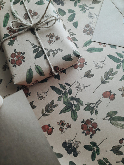Berries and plants Wrapping paper, Gift Wrap, Wrapping, Floral Gift Warp, Wrapping paper, gift paper, floral wrapping paper, recycled paper