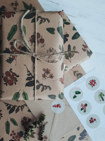 Berries and plants Wrapping paper, Gift Wrap, Wrapping, Floral Gift Warp, Wrapping paper, gift paper, floral wrapping paper, recycled paper