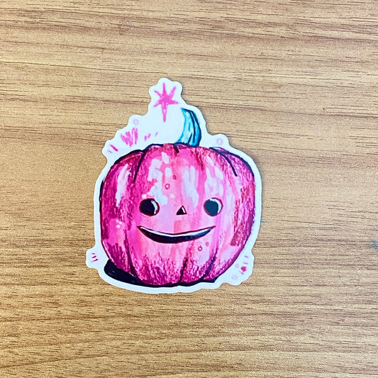 Pink Pumpkin | 3" Glossy Vinyl Sticker Decal | Waterproof  Weatherproof | Jack-o-Lantern Cute Pink Smile