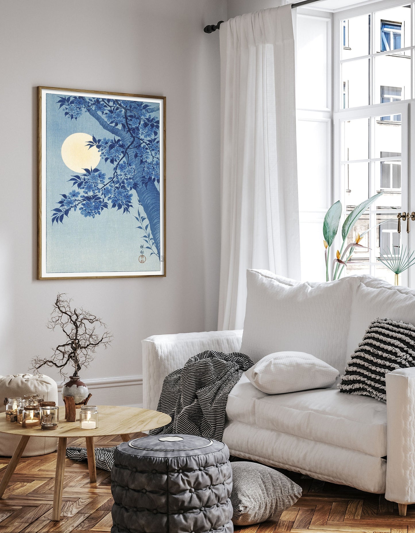 Blossoming Cherry on a Moonlit Night by Ohara Koson, Vintage Poster, Blue Vintage Print, Vintage Japanese Art, Antique Drawing Art