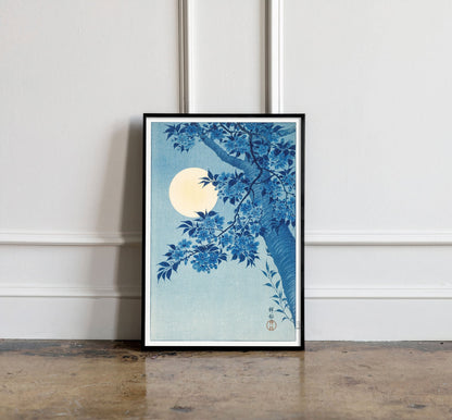 Blossoming Cherry on a Moonlit Night by Ohara Koson, Vintage Poster, Blue Vintage Print, Vintage Japanese Art, Antique Drawing Art