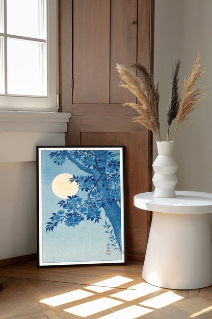 Blossoming Cherry on a Moonlit Night by Ohara Koson, Vintage Poster, Blue Vintage Print, Vintage Japanese Art, Antique Drawing Art