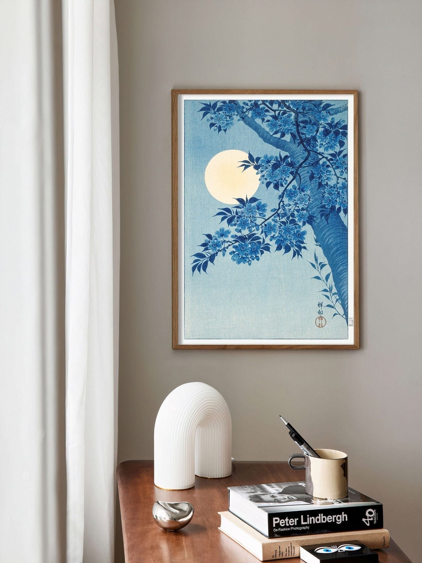 Blossoming Cherry on a Moonlit Night by Ohara Koson, Vintage Poster, Blue Vintage Print, Vintage Japanese Art, Antique Drawing Art