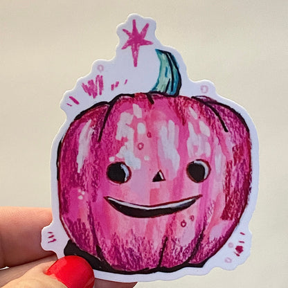 Pink Pumpkin | 3" Glossy Vinyl Sticker Decal | Waterproof  Weatherproof | Jack-o-Lantern Cute Pink Smile