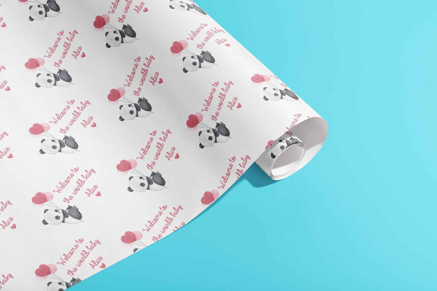 Personalised New Born Gift Wrap, Names, Wrapping Paper, Hearts, Panda, Customised, Animals, Party, Baby, Children, Gifts, Presents, Pink