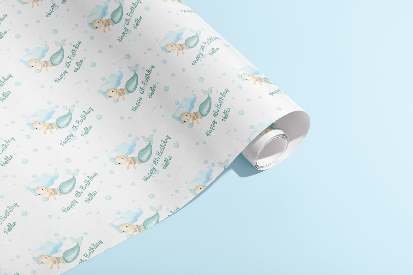 Personalised Birthday Gift Wrap, Names, Wrapping Paper, Mermaid, Water, Customised, Sea, Party, Baby, Children, Gifts, Presents, Blue