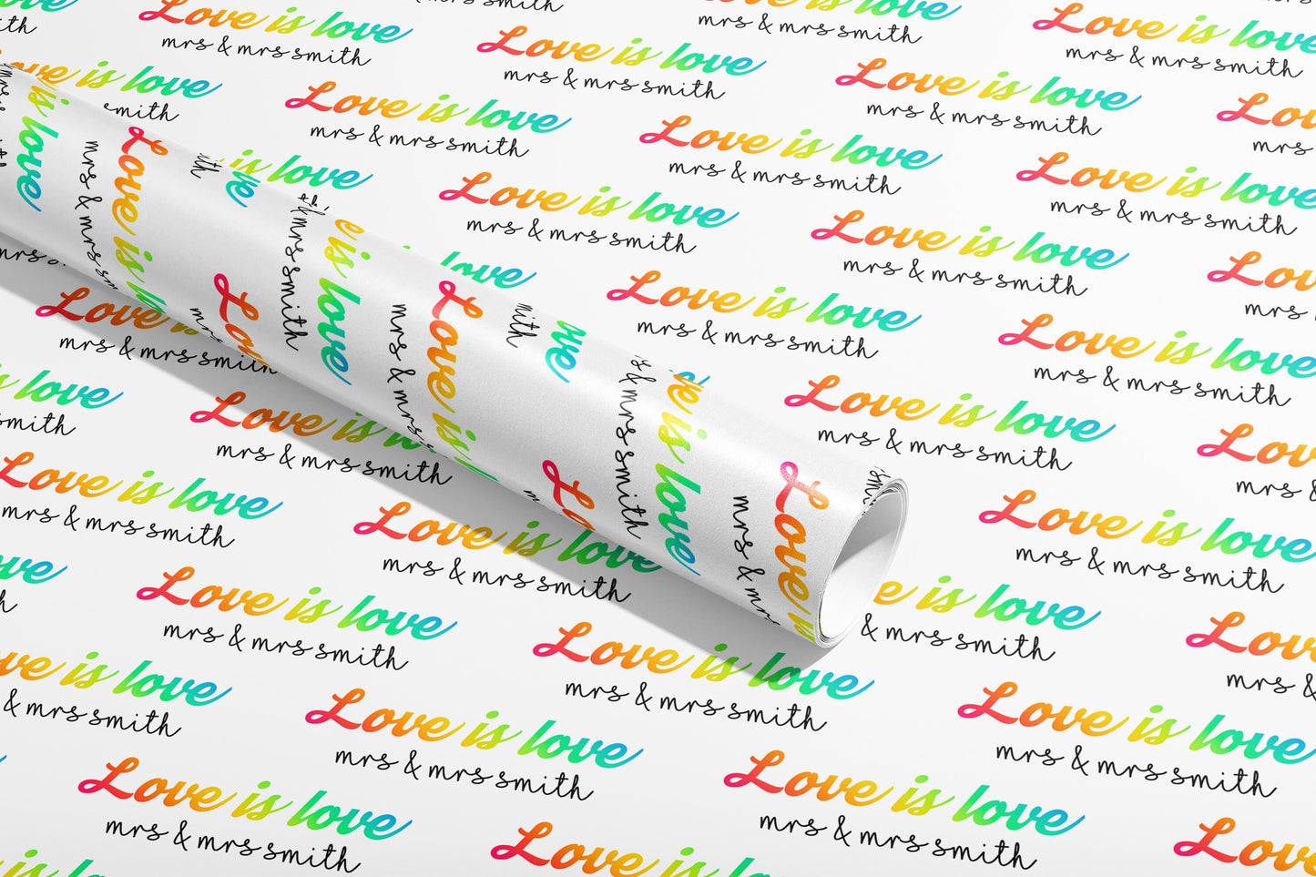 Personalised, Love is Love, Surname, Wrapping Paper, Gift Wrap, Customised, Wedding, Party, Engagement, Couples, Newly Weds, Anniversary