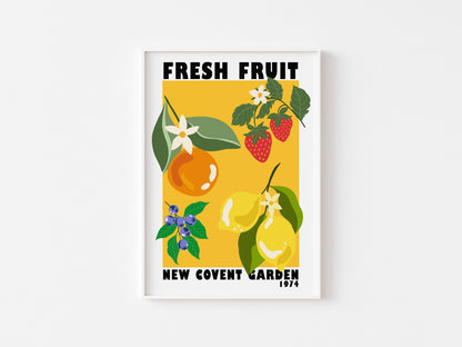 Fruit Market New Covent Garden Print - Yellow Colourful Retro Art, Groovy Kitchen Art, 1970s, Bright Bold Fruit, London Art, On Trend Poster