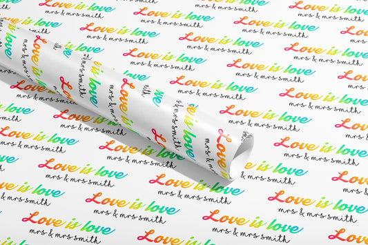 Personalised, Love is Love, Surname, Wrapping Paper, Gift Wrap, Customised, Wedding, Party, Engagement, Couples, Newly Weds, Anniversary