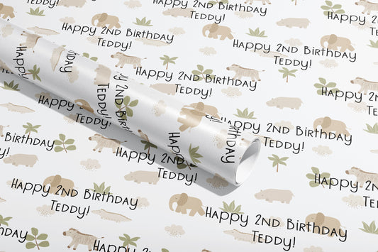 Personalised Birthday Gift Wrap, Wrapping Paper, Safari, Your Name, Customised, Animal, Paper, Your Age, Pattern, Eco friendly, Recyclable