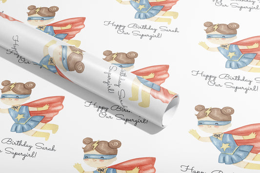 Personalised Birthday Gift Wrap, Wrapping Paper, Super hero, Your Name, Customised, Girl, Paper, Your Age, Pattern, Eco friendly, Recyclable