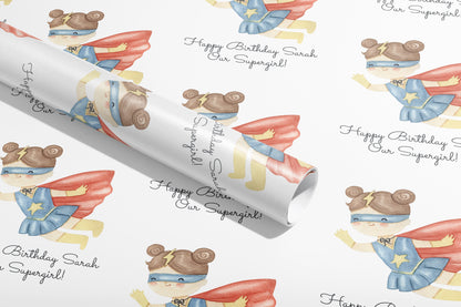 Personalised Birthday Gift Wrap, Wrapping Paper, Super hero, Your Name, Customised, Girl, Paper, Your Age, Pattern, Eco friendly, Recyclable