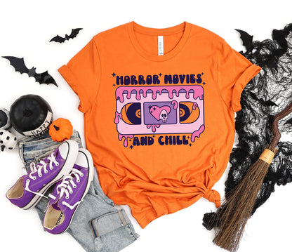 Horror Movies Shirt, Horror Movies and Chill Distressed Shirt, Boo, Halloween Shirt, Spooky Season, Pumpkin T-Shirt, Halloween Night Shirt