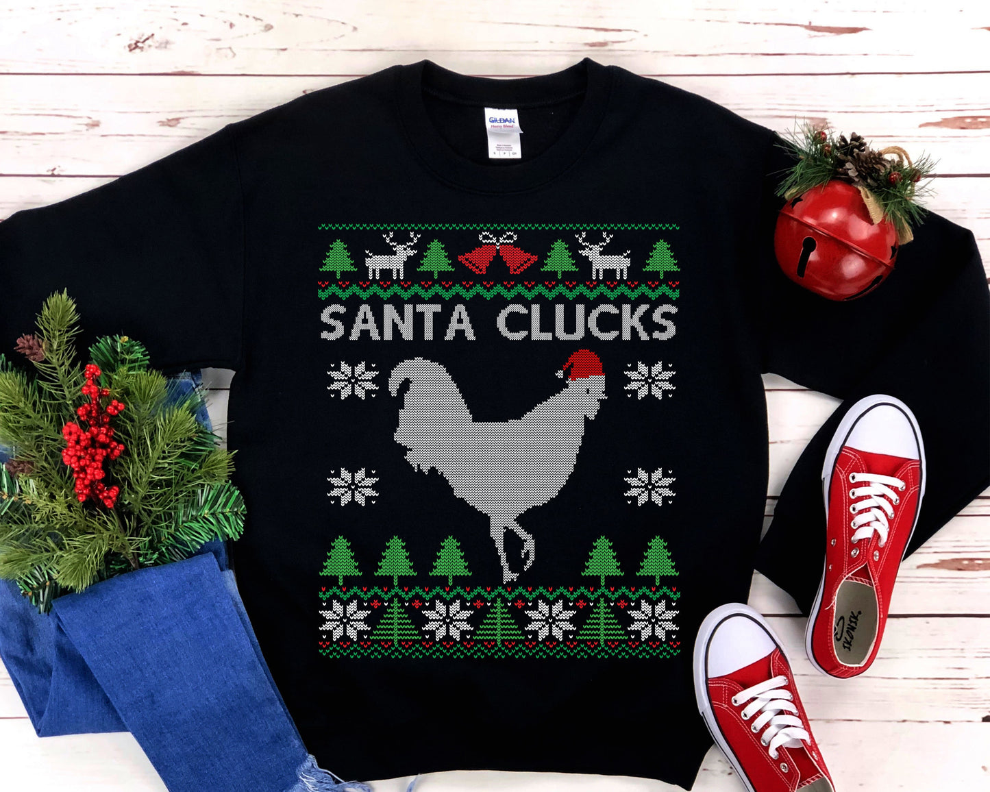 Chicken Santa Hat | Funny Poultry Farming Themed Ugly Christmas Sweatshirt | Santa Clucks | Chicken Pun Lover Gift | Christmas Farmer Shirt