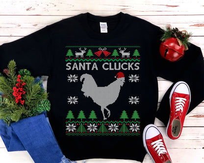 Chicken Santa Hat | Funny Poultry Farming Themed Ugly Christmas Sweatshirt | Santa Clucks | Chicken Pun Lover Gift | Christmas Farmer Shirt
