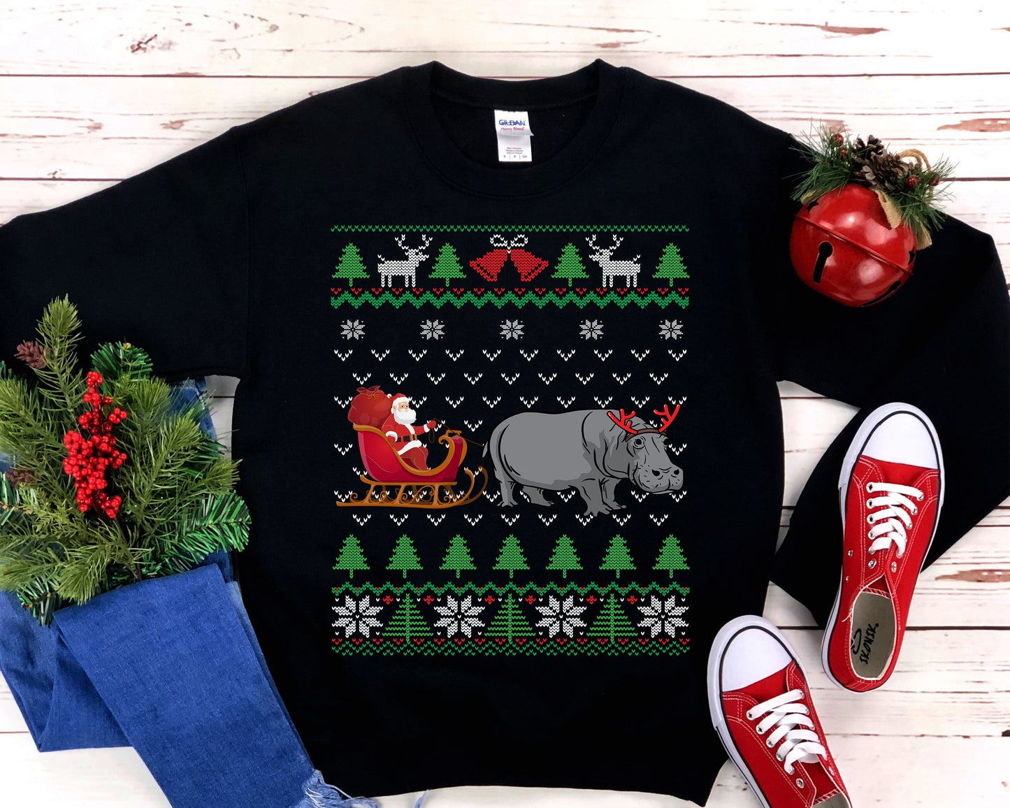 Hippo Pulling Santa's Sleigh | Funny Hippopotamus Themed Ugly Christmas Sweatshirt | African Hippo Lover Gift Shirt