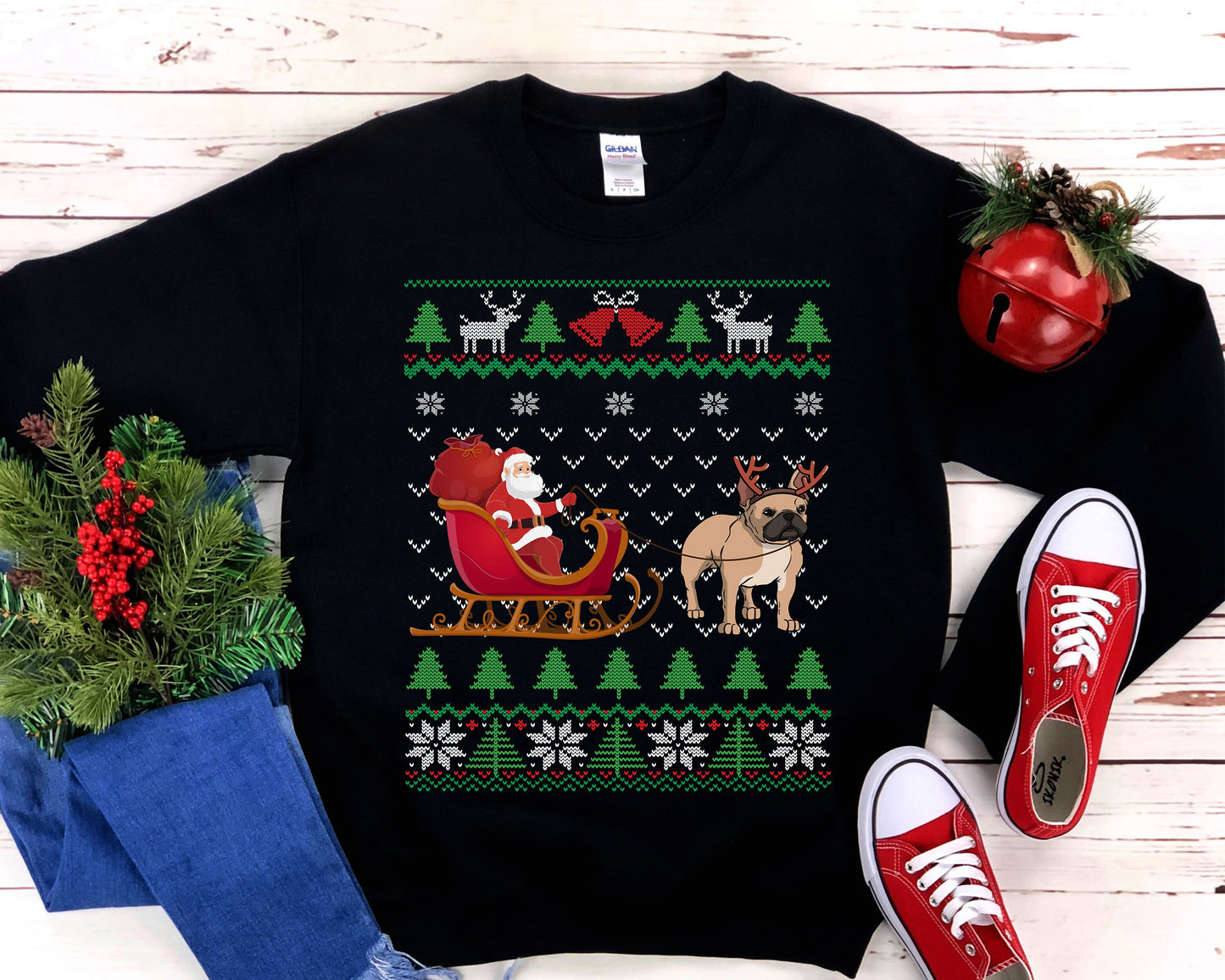 Frenchie Pulling Santa's Sleigh | Funny French Bull Dog Themed Ugly Christmas Sweatshirt | French Bulldog Lover Gift | Frenchie Owner Shirt