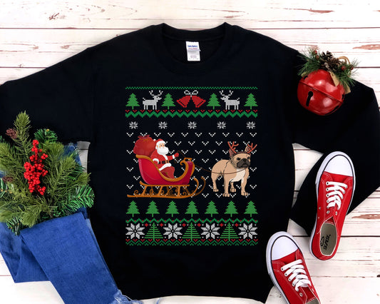 Frenchie Pulling Santa's Sleigh | Funny French Bull Dog Themed Ugly Christmas Sweatshirt | French Bulldog Lover Gift | Frenchie Owner Shirt