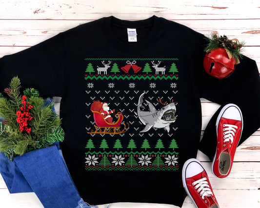 Great White Shark Pulling Santa's Sleigh | Funny Shark Themed Ugly Christmas Sweatshirt | Shark Lover Gift | Christmas Shark Shirt