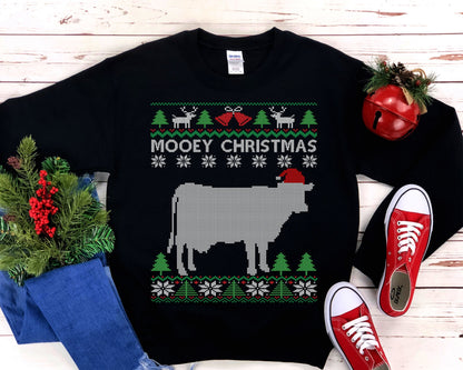 Funny Cow Farming Themed Ugly Christmas Sweatshirt | Mooey Christmas | Milk Cow Santa Hat | Cow Lover Gift | Christmas Dairy Farmer Shirt