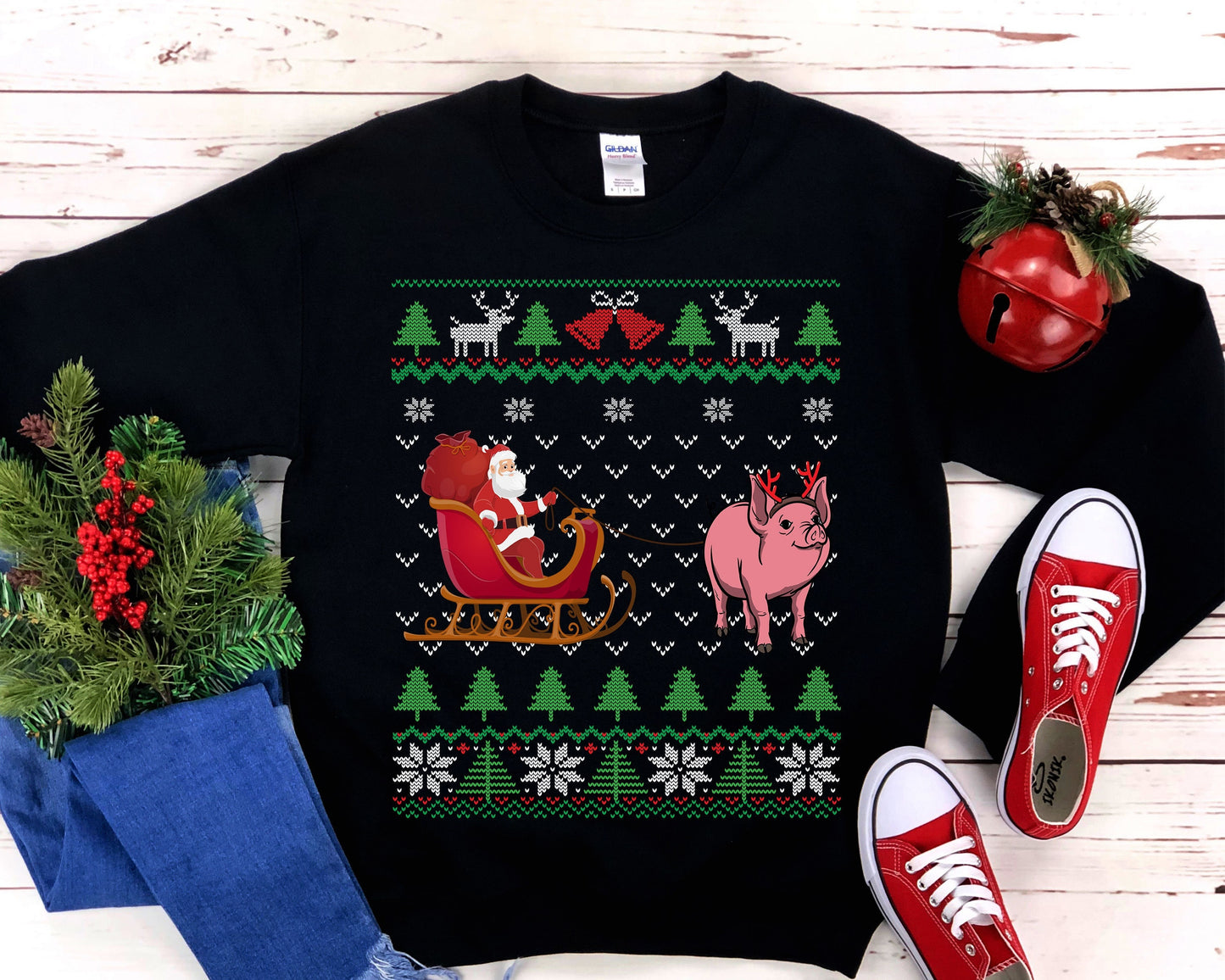 Pig Pulling Santa's Sleigh | Funny Pig Themed Ugly Christmas Sweatshirt | Piglet Lover Gift | Christmas Pig Farmer Shirt | Pet Pig Owner