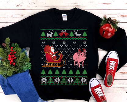 Pig Pulling Santa's Sleigh | Funny Pig Themed Ugly Christmas Sweatshirt | Piglet Lover Gift | Christmas Pig Farmer Shirt | Pet Pig Owner