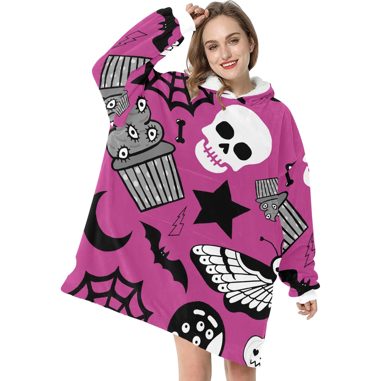 Pink Spooky Halloween Theme Blanket Hooded Jumper Hoodie Winter Oversized Kids Adults