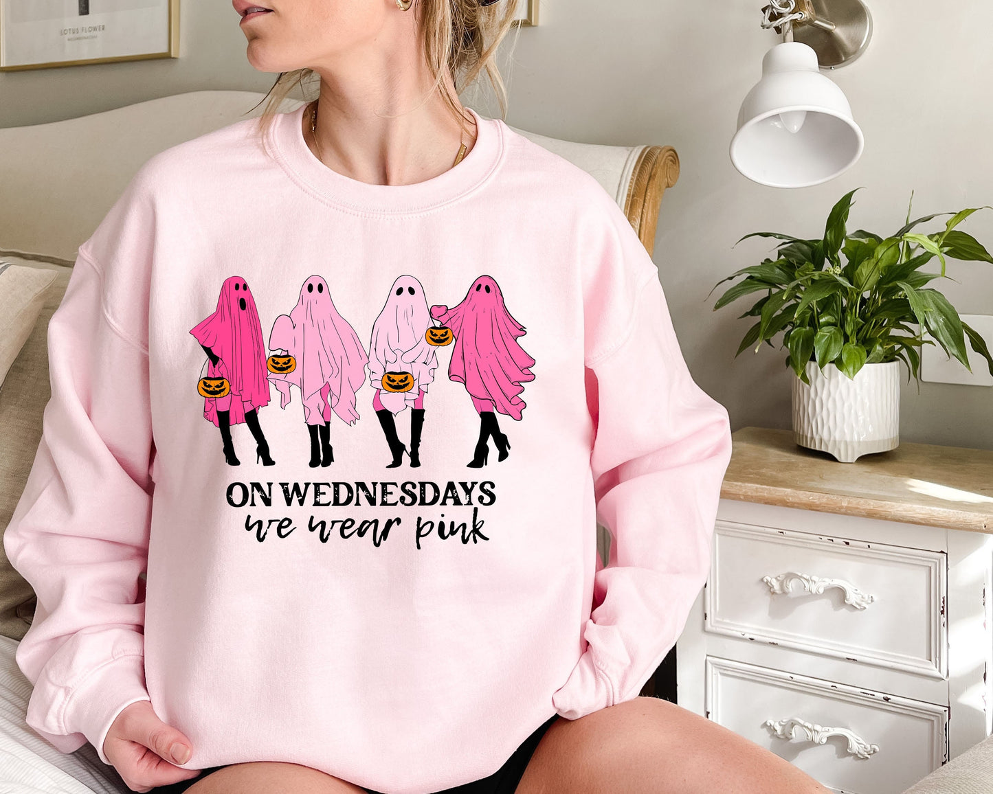 On Wednesday We Wear Pink Ghost Sweatshirt, Mean Girls Ghost Shirt, Pink Ghost Shirt, Mean Girls Halloween, Halloween Sweatshirt