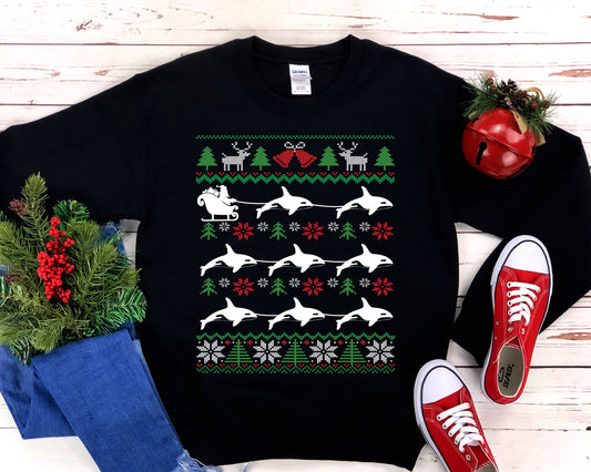 Orcas Pulling Santa Sleigh | Funny Killer Whale Ugly Christmas Sweatshirt | Whale Lover Gift | Christmas Orca Shirt