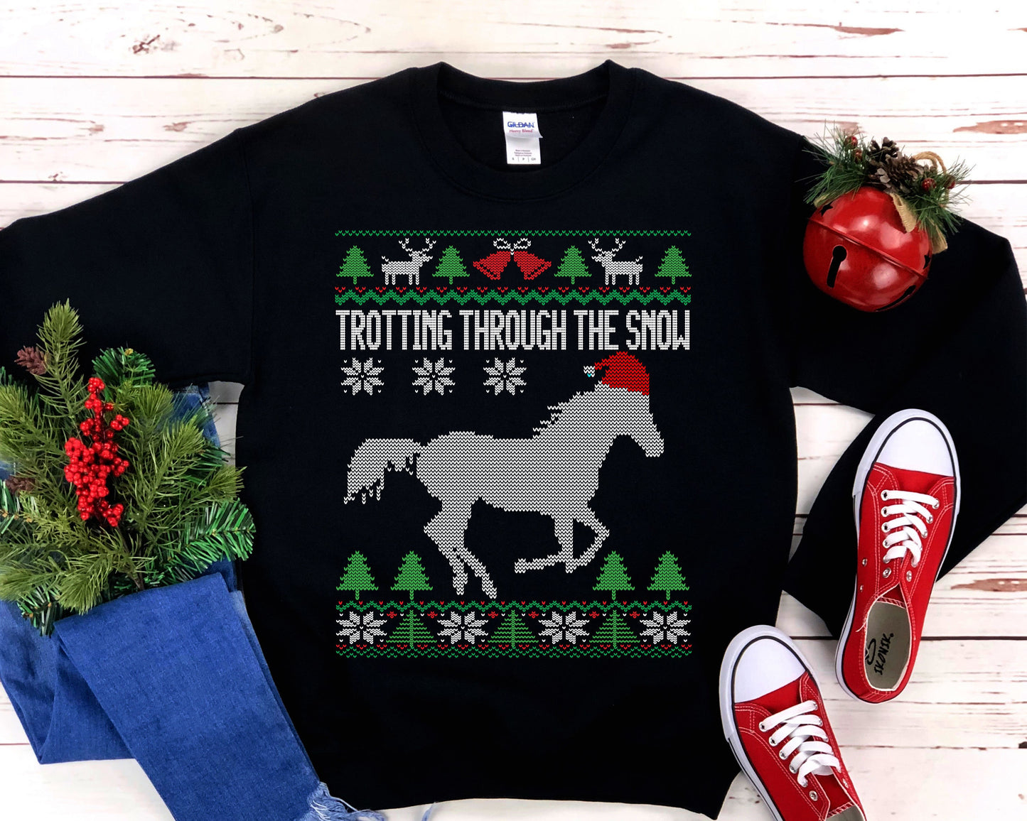Trotting Through The Snow Horse Santa | Equestrian Ugly Christmas Sweatshirt | Horse Lover Gift | Christmas Horseback Riding Jockey Shirt