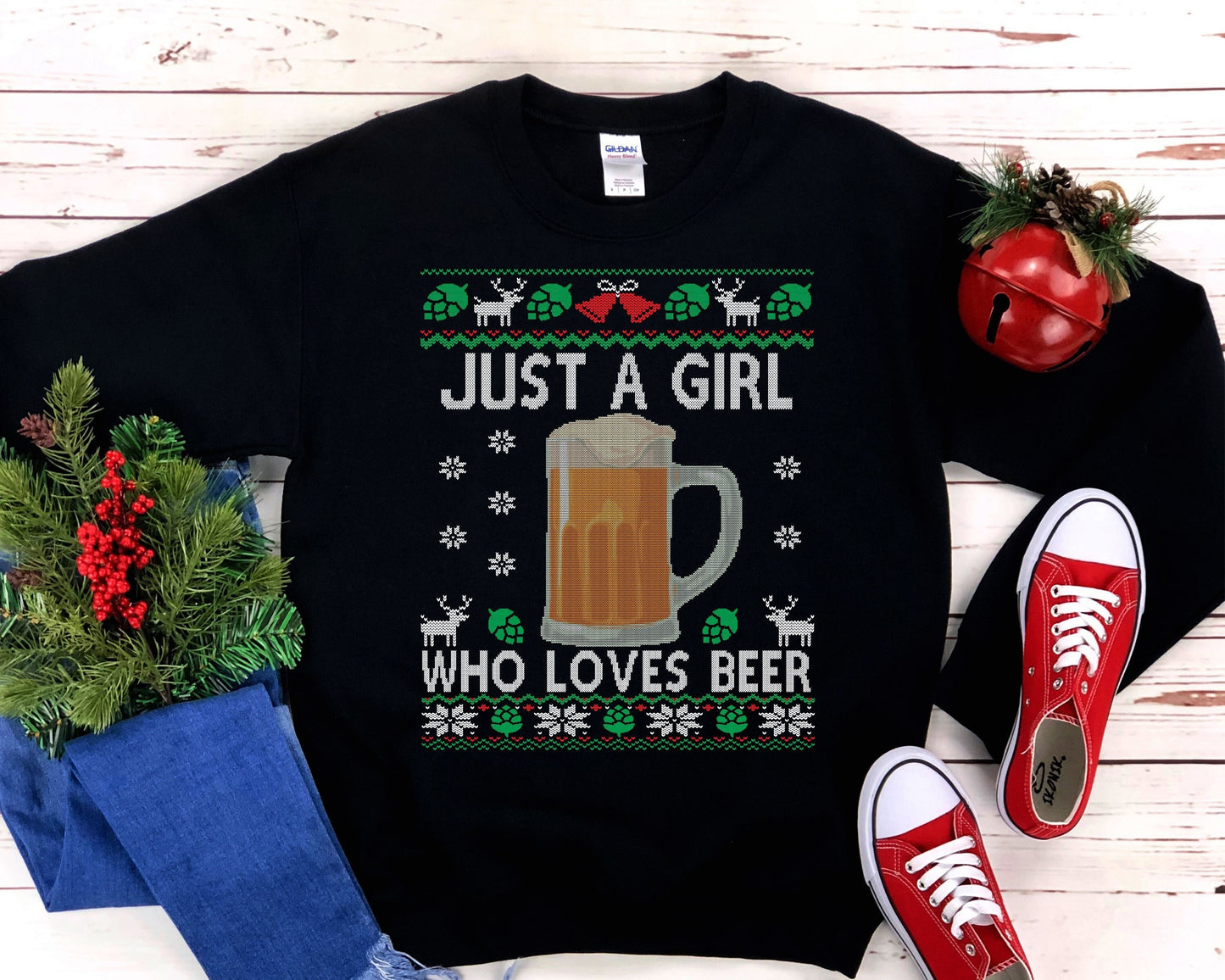Just a Girl Who Loves Beer Ugly Christmas Sweatshirt | Funny Holiday Beer Shirt | Craft Beer Lover Gift | Brewer Homebrewing Beer Loving Mom