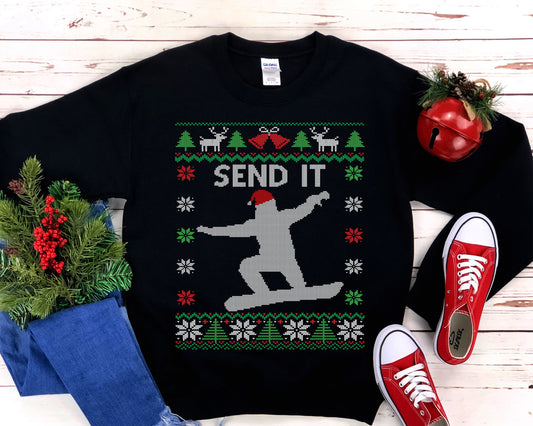 Send It Snowboard Ugly Christmas Sweatshirt | Funny Snowboarder Gift | Holiday Snowboarding Shirt | Boarding Santa