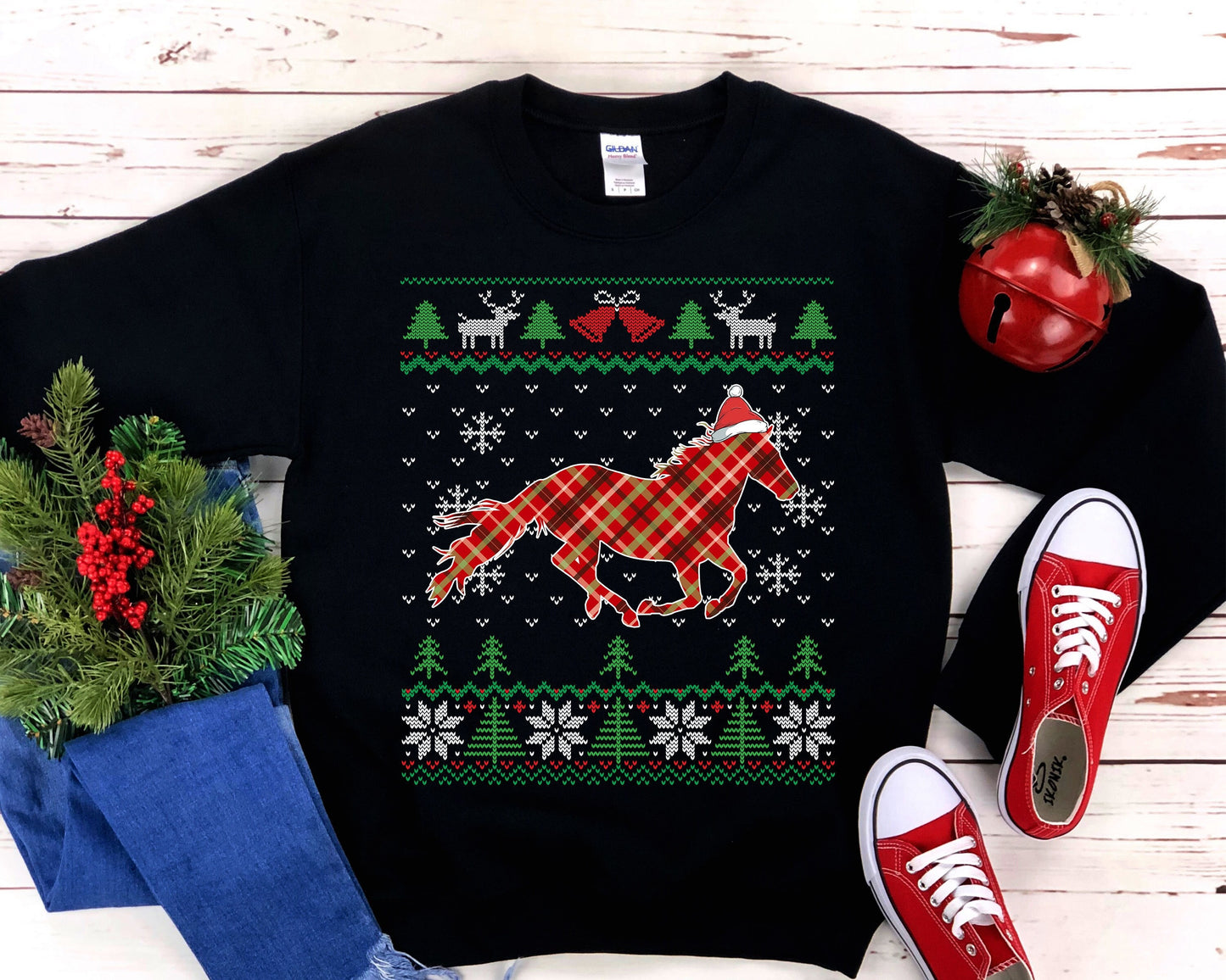 Horse Santa Claus Ugly Christmas Sweatshirt, Plaid Equestrian Shirt, Funny Horse Lover Gift, Horseback Riding & Farmer Unisex Sweatshirt
