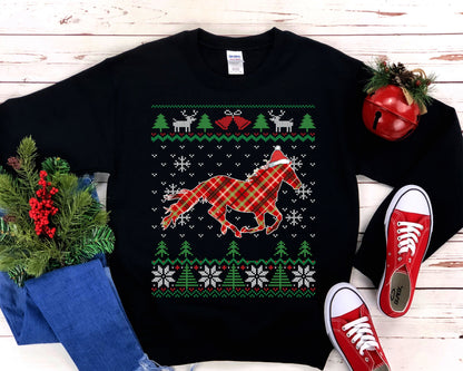Horse Santa Claus Ugly Christmas Sweatshirt, Plaid Equestrian Shirt, Funny Horse Lover Gift, Horseback Riding & Farmer Unisex Sweatshirt