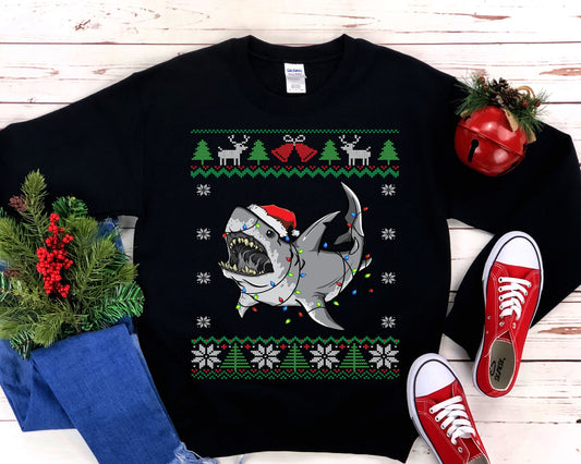 Funny Great White Shark Themed Ugly Christmas Sweatshirt, Shark Santa Hat & Christmas Lights, Shark Holiday, Shark Lover Christmas Gift