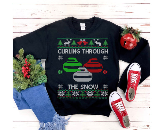 Curling Through The Snow | Curling Ugly Christmas Sweatshirt | Funny Curler Gift | Curling Team Shirt | Curling Fan Shirt